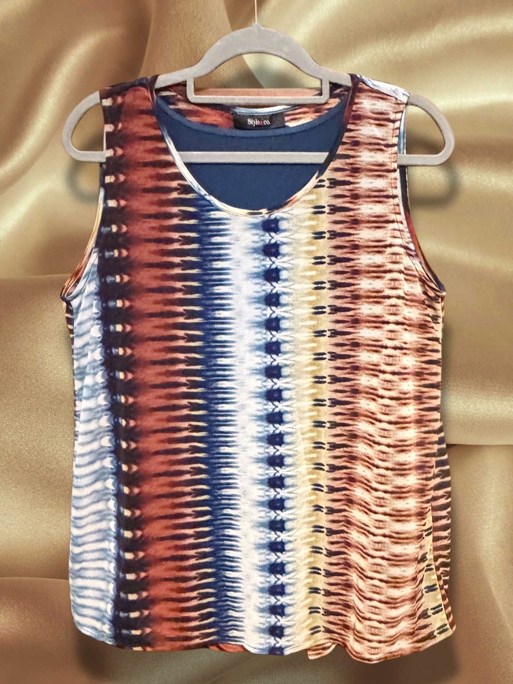 Style & Co. Multicolor Striped Tie-Dye Tank Top - Navy, Rust & Cream size Large